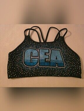Cheer Extreme Black Rhinestone Sports Bra with Blue 'CEA' Accent
